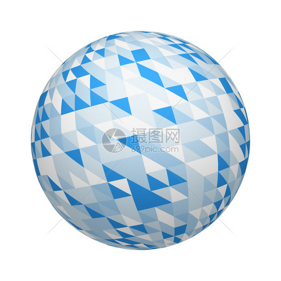 蓝色三角砖块在球体上或白色背景上孤立的球或在白色背景上的纹理模式拟设计3d随机颜色的抽象插图图片