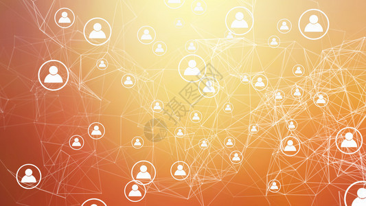 社交媒体和数字计算机技术界概念中的橙色背景和数字计算机界概念中的人符号和网络连接线图片