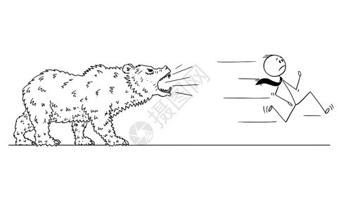 卡通木棍人绘制商从咆哮的熊跑出来概念说明跌落的熊市场概念商人从熊跑出来的卡通画图片