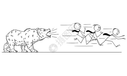 卡通木棍人绘制了一群商从咆哮的熊跑出来概念说明落下熊的市场概念图片