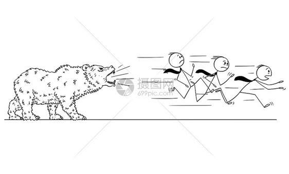 卡通木棍人绘制了一群商从咆哮的熊跑出来概念说明落下熊的市场概念图片
