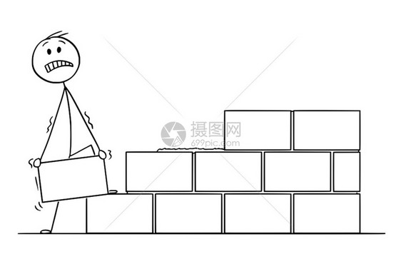 刻画用砖块或建墙的或建墙的木匠或砖块建墙概念插图的木板图片