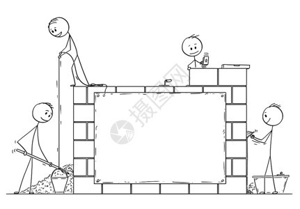 卡通棍绘制一组泥瓦匠或砖用块石建墙房屋的概念图解您的文本有空符号共济会团体或砖头人用块建墙或房屋的卡通棒有空符号图片