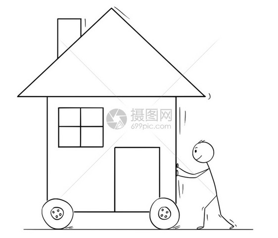 卡通棍子绘制男人用轮推或移动家庭房屋的概念插图图片