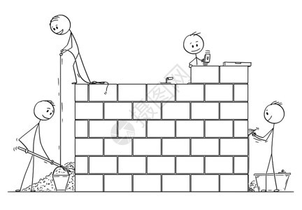 用木砖块或石壁房屋的砖匠群构筑墙壁或房屋的概念图解图片