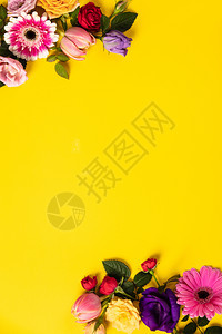 以黄色背景的美丽花朵制作创意布局平板春季最低概念企业家博客杂志网站社交媒体和Instagram的平面构成图片