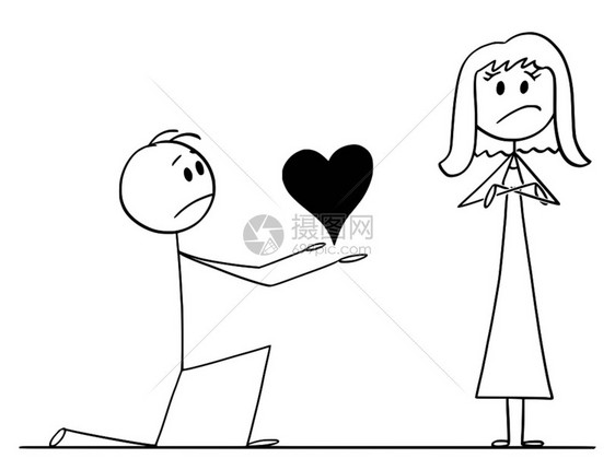 卡通棍在概念上描绘男人跪在膝盖上给他深爱的女人以大心但她拒绝了他的求婚图片