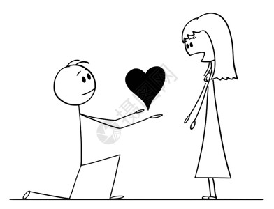上描绘男人跪在膝盖上给他深爱的女人以大心但她拒绝了他的求婚插画