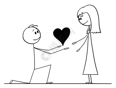 卡通棍描绘了男人跪在膝盖上和给予他爱的女人一个深心脏概念图片