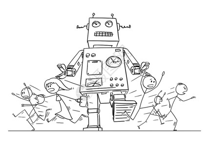 跑步的人被机器人抓住的火柴人们卡通矢量插图插画
