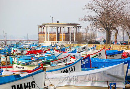 保加利亚PomorieJanuari23019年城市港渔船图片