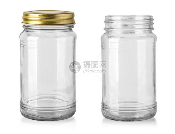 空玻璃罐在白色上隔离有剪切路径图片