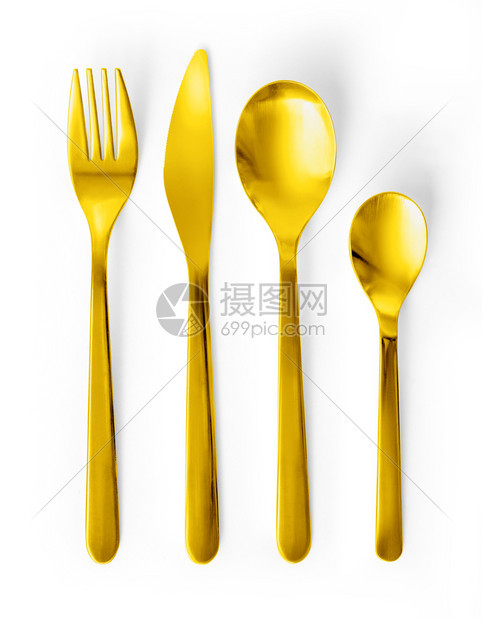 金色的叉子刀和勺在白色上隔离有剪切路径图片