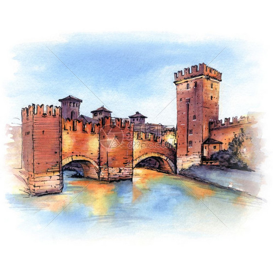 中世纪石块斯卡利格桥和特尔韦奇奥塔晚上意大利北部维罗纳斯卡利格桥意大维罗纳图片