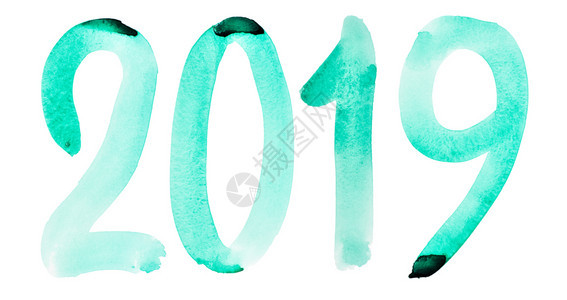 新年2019手画绿色水彩数字在白背景上分离图片