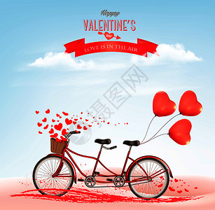 情人节日假背景配有双车心脏形状的气球爱概念矢量背景图片
