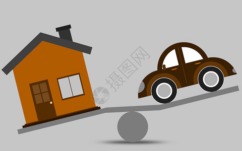 房屋和汽车的平衡概念3D图片