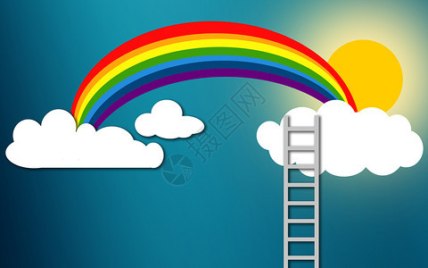 通往彩虹和天空云的楼梯3D翻滚图片