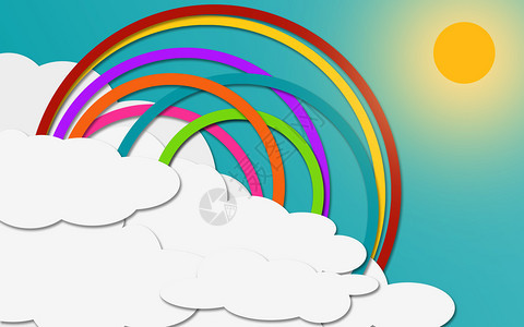 阳光天气彩虹在蓝色云的天空上3D投影图片