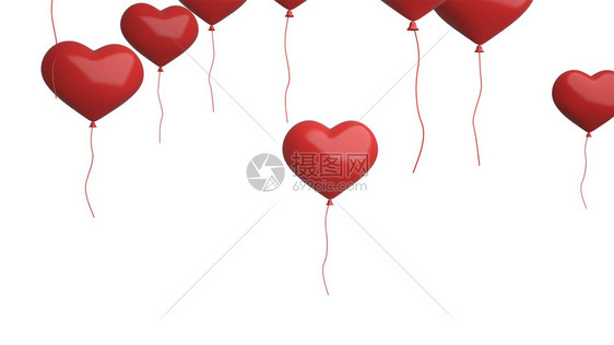 红心气球以白色背景单独飞行用于庆祝活动和情人节生日派对婚礼或任何假日图片