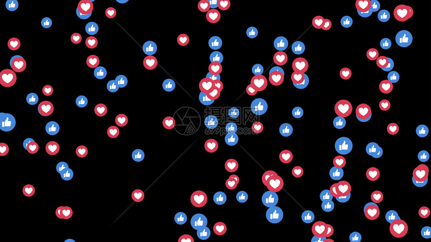 例如缩略图蓝标和脸书上的红心在黑背景上隔离的实况视频社交媒体网络营销应用程序广告3d抽象插图图片
