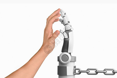 人类手和机器在白色背景工智能未来技术概念中孤立的链条手牵图片