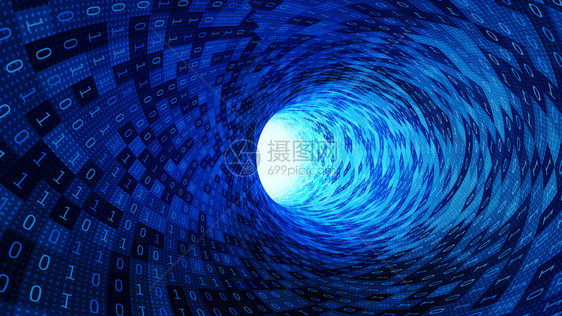 高速隧道中蓝色抽象速度运动的二进制代号以光照明灯显示未来网络连接技术背景计算机中的数字安全据图片