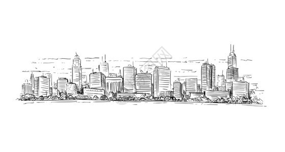 艺术素描笔和墨水绘画图解通用城市高升风景和摩天大楼通用城市高升风景和Skyscraper大楼的艺术绘图说明背景图片