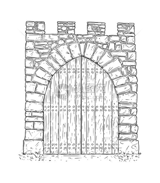 由WoodenDoor关闭的石头中世纪决定门的卡通图片