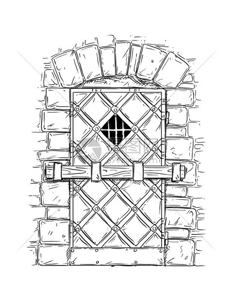 卡通Doodle图画中世纪的木制门被锁关上图片