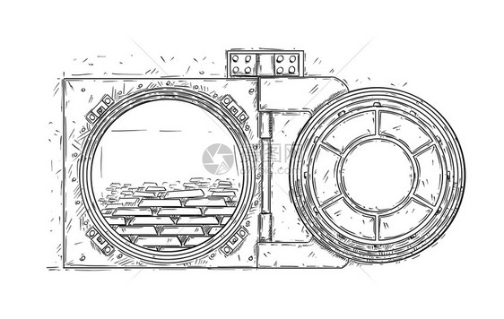 卡通涂鸦图画开金库门里面有一堆金块或铁条成功财富或宝的商业概念与金条一起绘制开天窗门的卡通图画图片