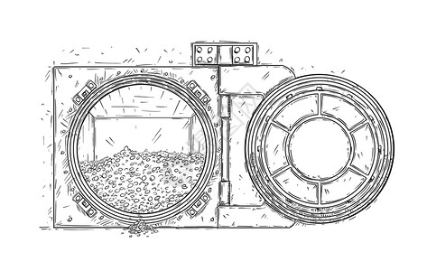 一堆金币素材卡通涂鸦图画开金库门里面有一堆金币成功财富或宝的商业