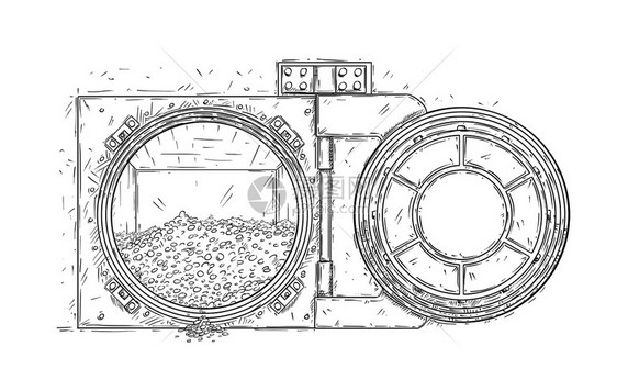 卡通涂鸦图画开金库门里面有一堆金币成功财富或宝的商业概念卡通用金币皮画开天窗门的卡通图画图片