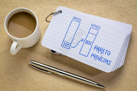 Pareto802原则概念一组索引卡片的草图配有咖啡和笔图片