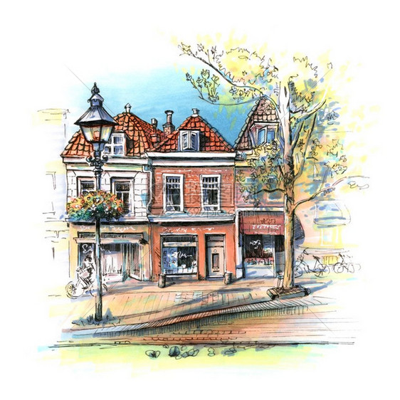 荷兰Delft的彩色手绘景城市和美丽的中世纪房屋Delft景色照片制作了衬衣和标志荷兰Delft图片