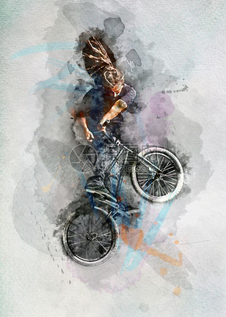 人类在BMX自行车上做极端特技的水彩画职业骑手运动水彩图画BMX自行车上做特技图片