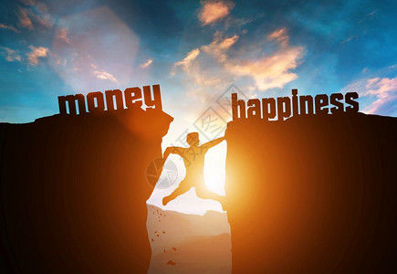 人类被困在两个悬崖之间上面写着金钱和幸福两字做一个选择问题3D插图图片