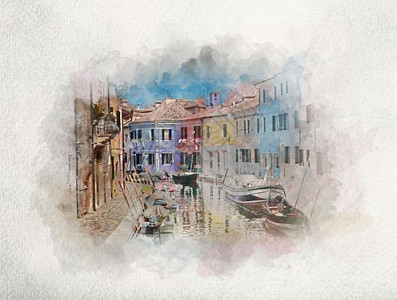 意大利威尼斯附近的布拉诺岛多彩房屋和运河水画城市建筑布拉诺岛的房屋和运河水彩画图片