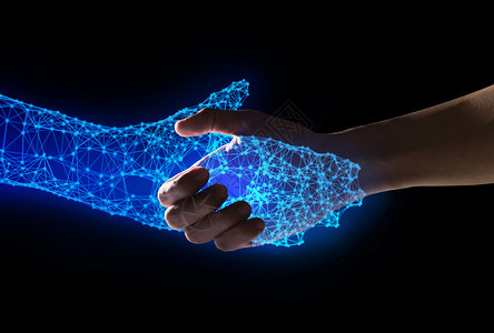 人类和机器在蓝背景工智能AI未来数字技术和商业概念中与空间握手3d插图图片