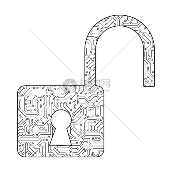 在数字据代码和安全技术概念中保护有电路板图案纹理的白色背景密码安全锁定图标图片