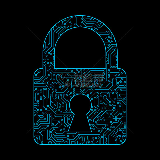 数字据代码和安全技术概念中黑色背景的电路板模式纹理保护密码的安全锁定图标图片