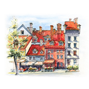 拉脱维亚里加老城Livu广场上有趣的明亮旧式房屋水彩色草图图片