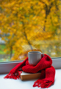 秋天的生命温暖围巾和茶杯靠近窗户图片