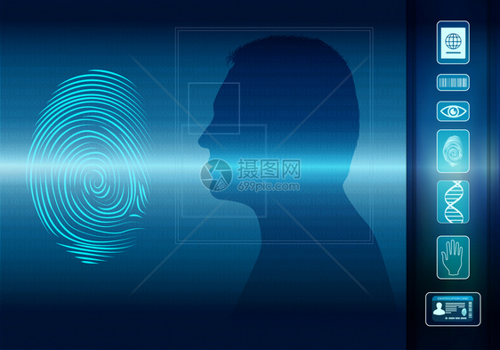 识别个人身份的生物测定电子系统指纹扫描人的脸在剖面光影中图标Ideyebarcodednapassport图片