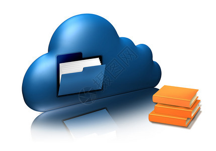 文件存储带夹和书籍的蓝云3D显示在白色上孤立的计算机图标云计算概念图片