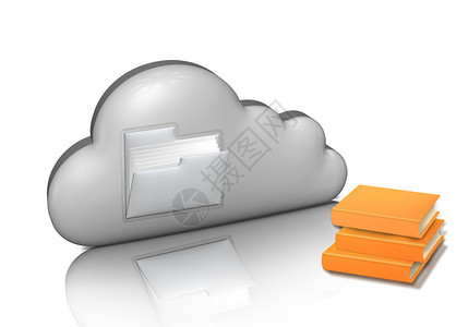 文件存储带夹和书籍的灰色云3D插图计算机标白纸上孤立云计算概念图片