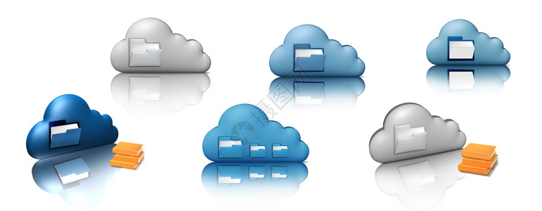 文件存储蓝色和灰云层组配有文件夹和书籍3D显示在白色上孤立的计算机图标Cloud计算概念图片
