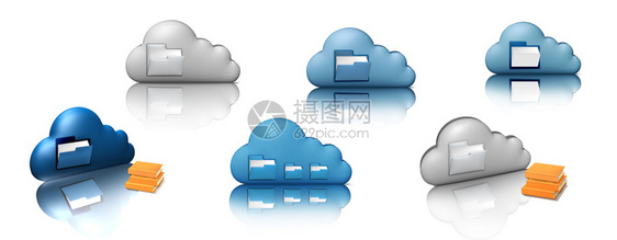 文件存储蓝色和灰云层组配有文件夹和书籍3D显示在白色上孤立的计算机图标Cloud计算概念图片