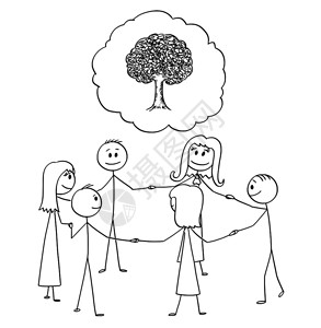卡通棒图画从概念上说明一群或人商站在树自然形象想法周围的圆圈里相互牵手图片