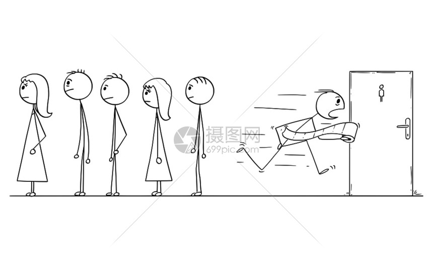 卡通棍图描绘了在排队等候的男子观念图这些人匆忙地用纸卷去公共厕所或休息室图片